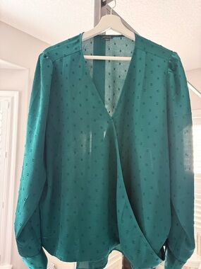 Ann Taylor Teal V-Neck Long-Sleeve Blouse